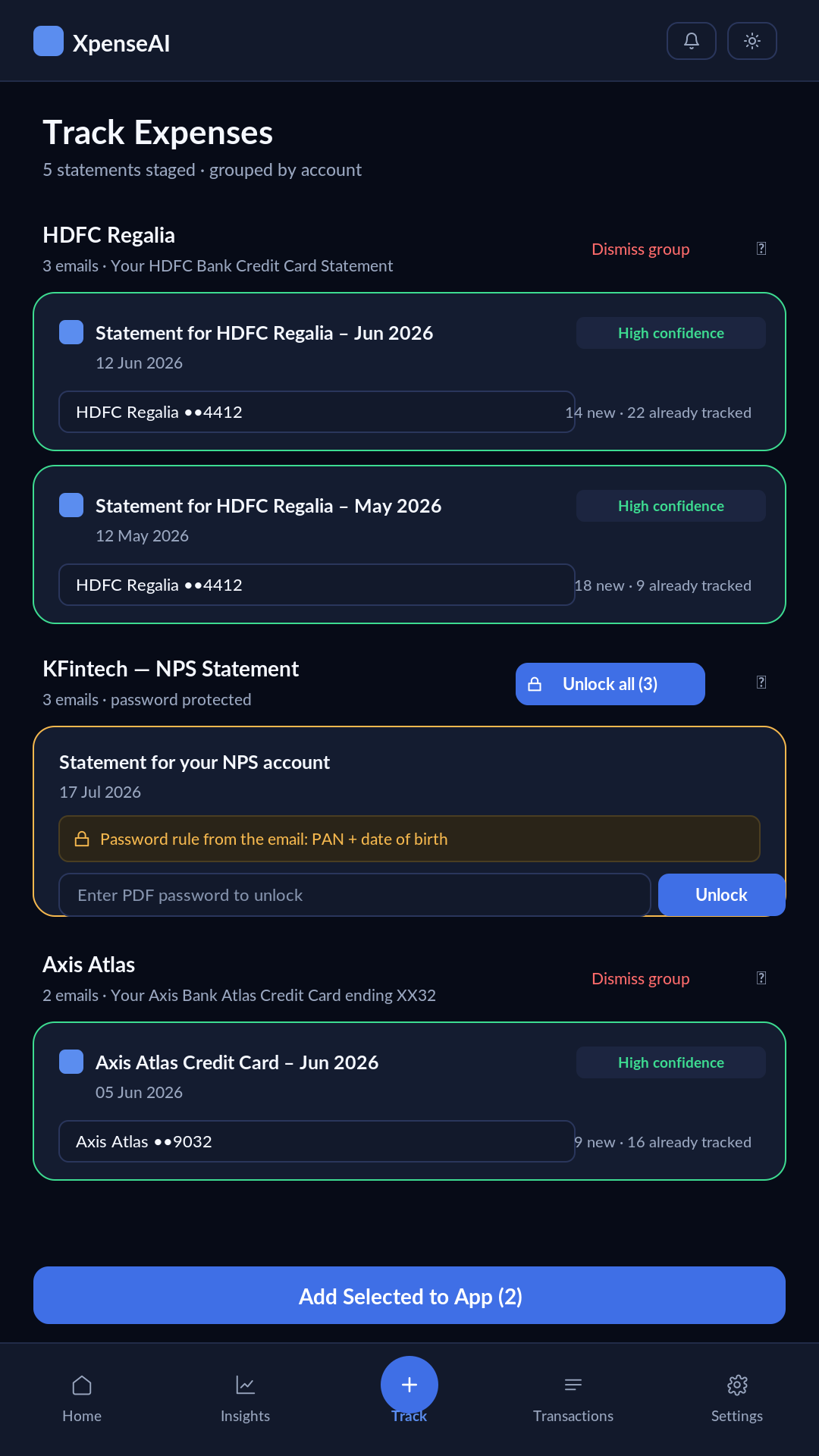 Track screen showing five staged statements grouped by account: an HDFC Regalia group with two high-confidence matches, a locked KFintech group offering Unlock all, and an Axis Atlas group.