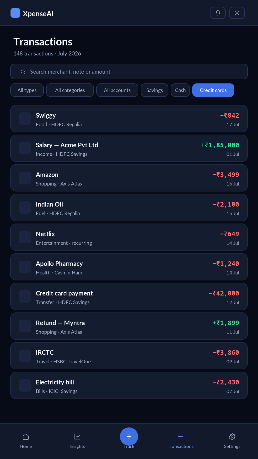 Transactions screen listing ten transactions with search and filters for type, category, account and account type, credits shown in green and debits in red.