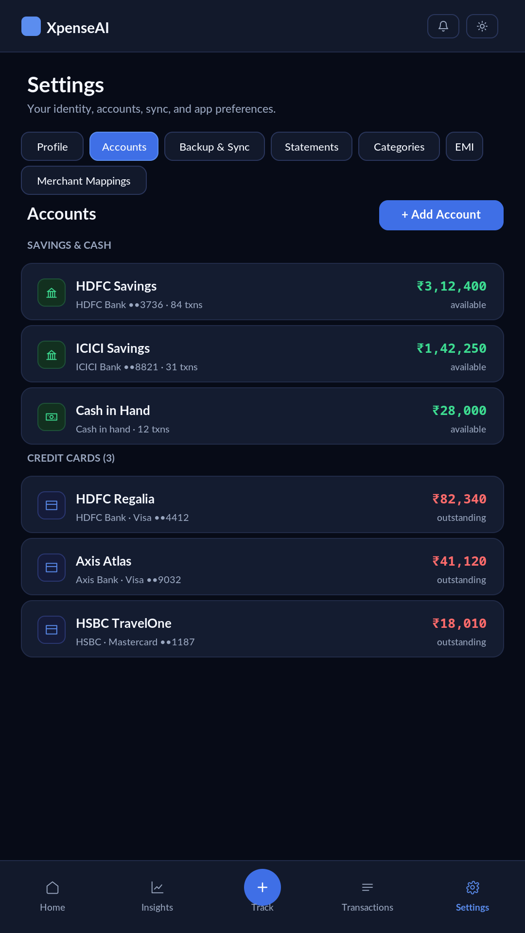 Settings screen on the Accounts section, listing two savings accounts, a cash-in-hand wallet, and three credit cards with outstanding balances.